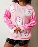 Women's Santa Claus Sequin Sleeve Sweatshirt – Festive Long Sleeve Crew Neck Top