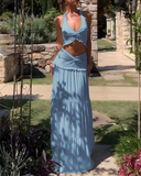 Shesways® Plunge Neck Halter Top & Ruched Skirt Set – Summer Two-Piece Outfit for Women