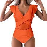 Shesways® Criss-Cross Ruffled Sleeve Mesh Tummy Control One-Piece Swimsuit