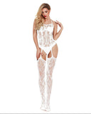 Plus Size Lace Halter Fishnet Bodysuit – Stretchy Floral One-Piece with Open Crotch
