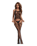 Plus Size Lace Halter Fishnet Bodysuit – Stretchy Floral One-Piece with Open Crotch