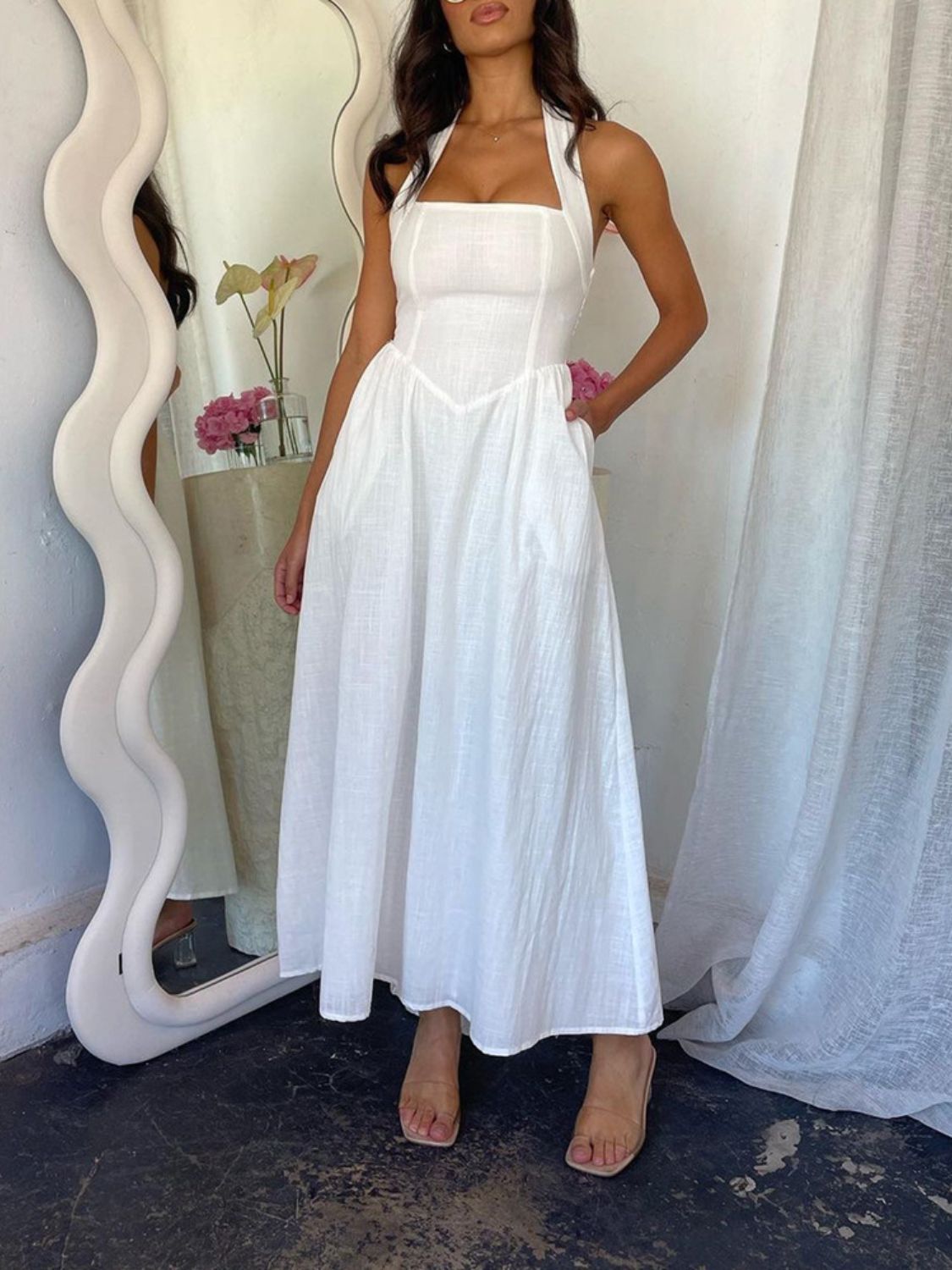 Shesways® Ruched Halter Neck Midi Dress