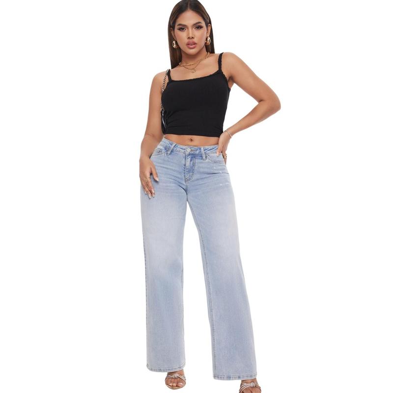 Shesways® Plus Size Distressed Mid-Low Rise Baggy Jeans - Stretchy Wide Leg Denim