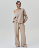Women's Sloping Shoulder Long Sleeve Top & Wide Leg Pants Set