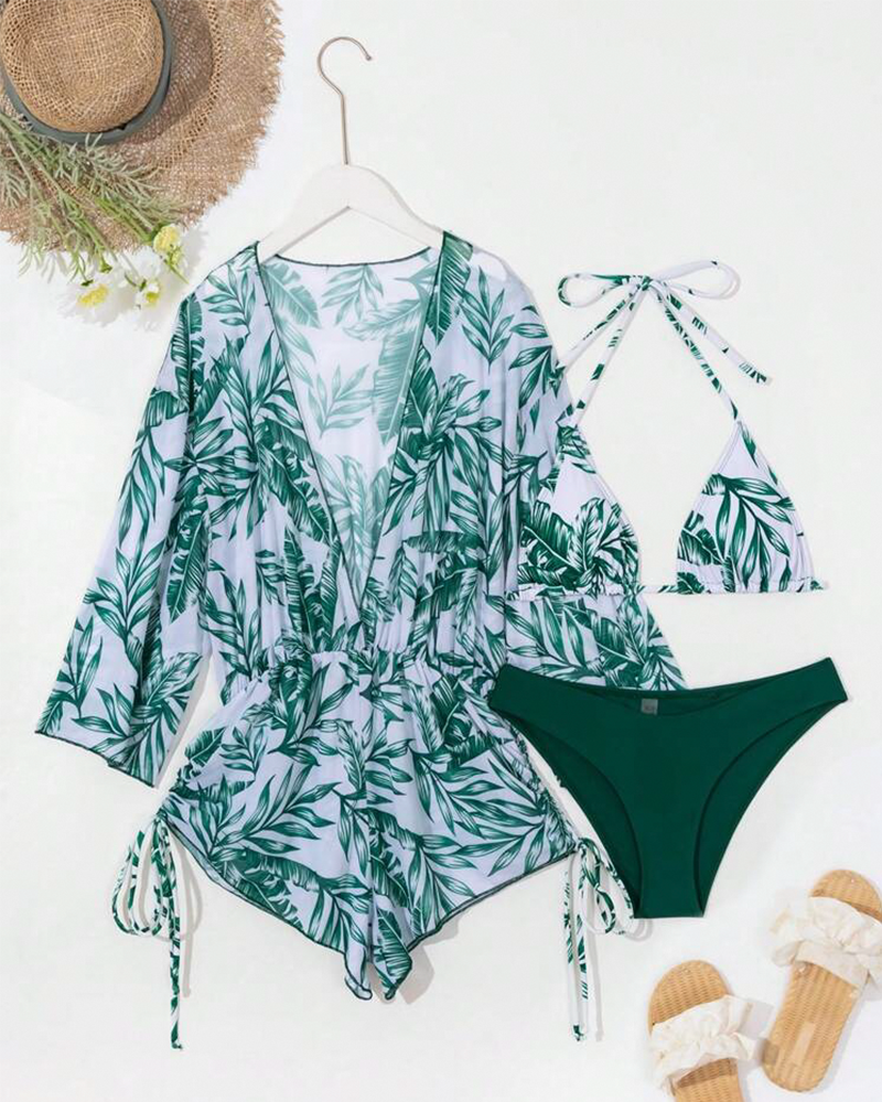 Shesways® 3-Piesce Tropical Bikini Set – Halter Top, High-Waist Romper & Swim Panty