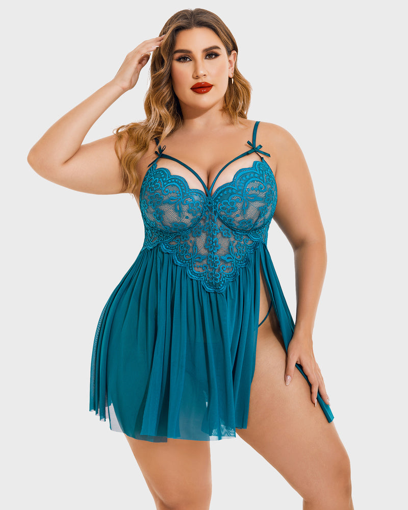 Plus Size V Neck Mesh Side Slit Babydolls