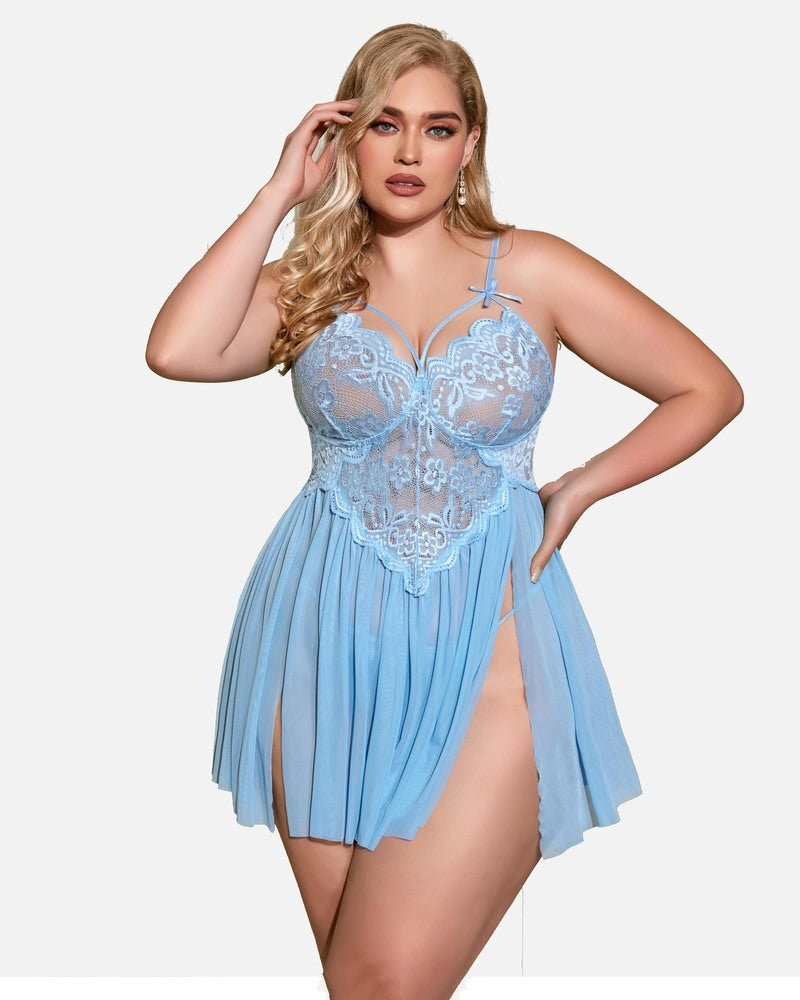 Plus Size V Neck Mesh Side Slit Babydolls