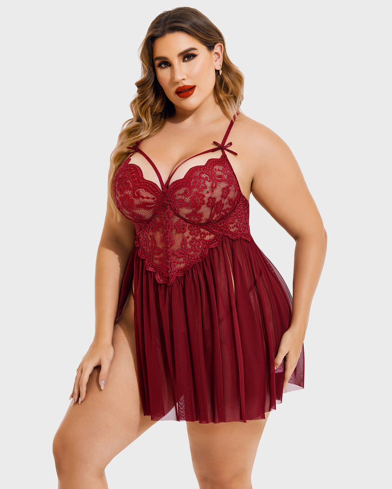 Plus Size V Neck Mesh Side Slit Babydolls