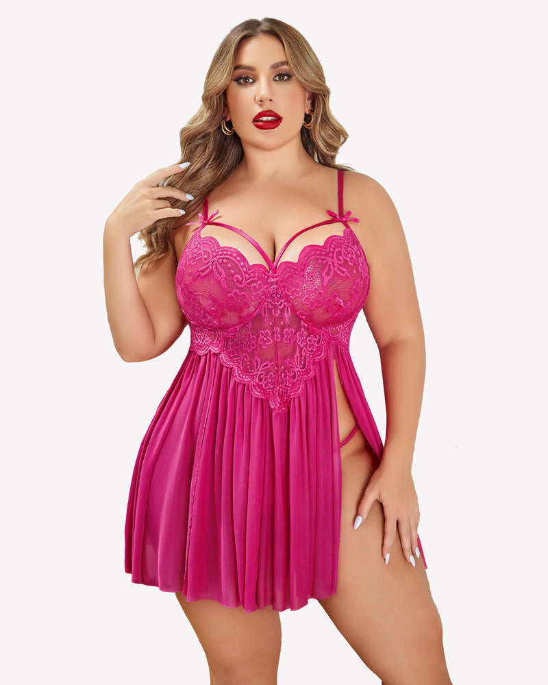 Plus Size V Neck Mesh Side Slit Babydolls