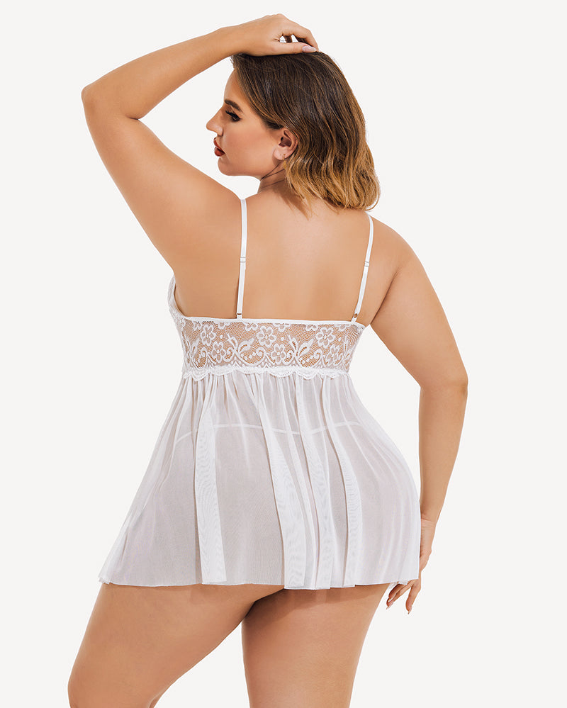 Plus Size V Neck Mesh Side Slit Babydolls