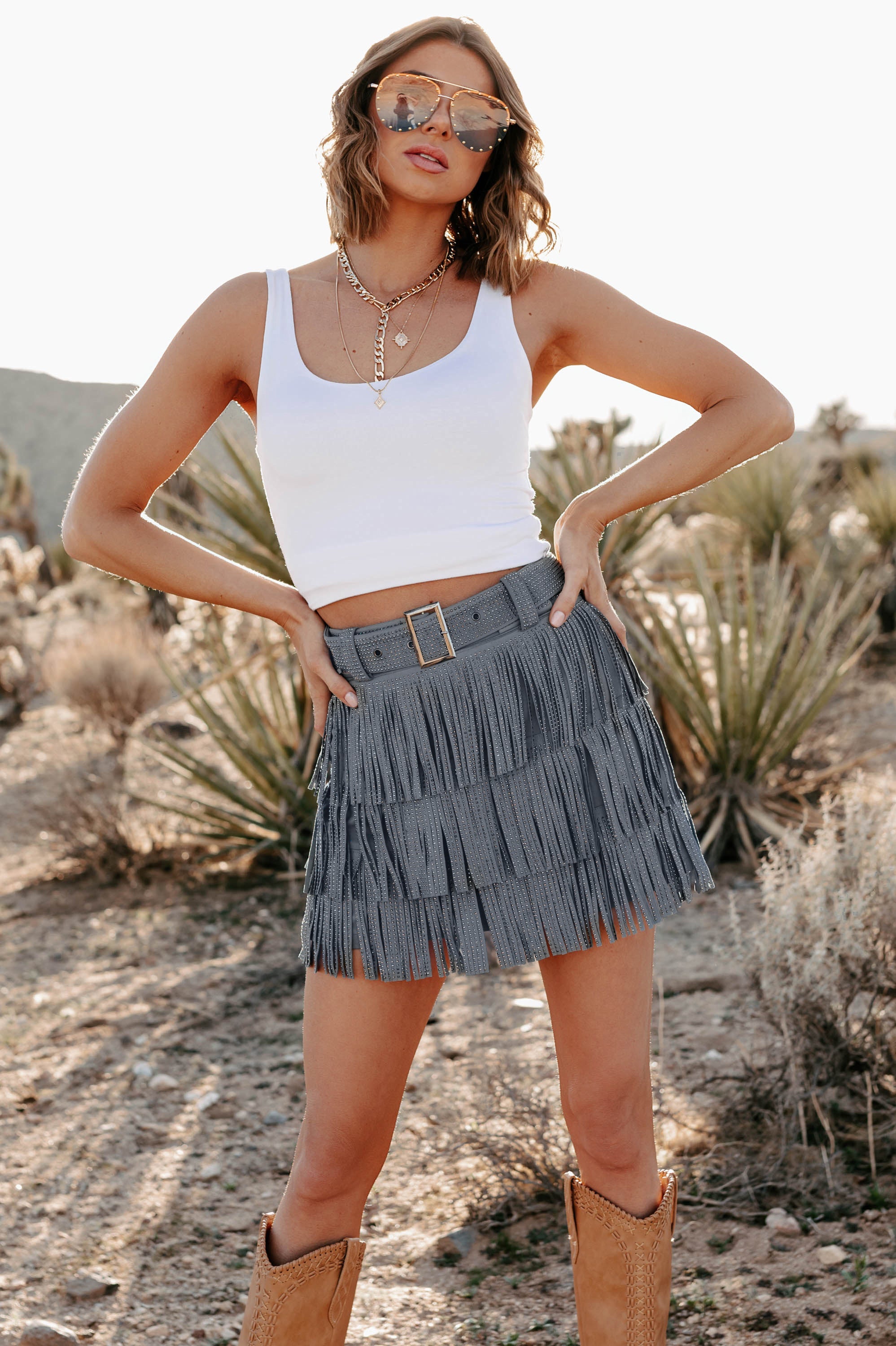 Shesways®Spotlight Stealer Rhinestone Fringe Mini Skort (Denim Blue)