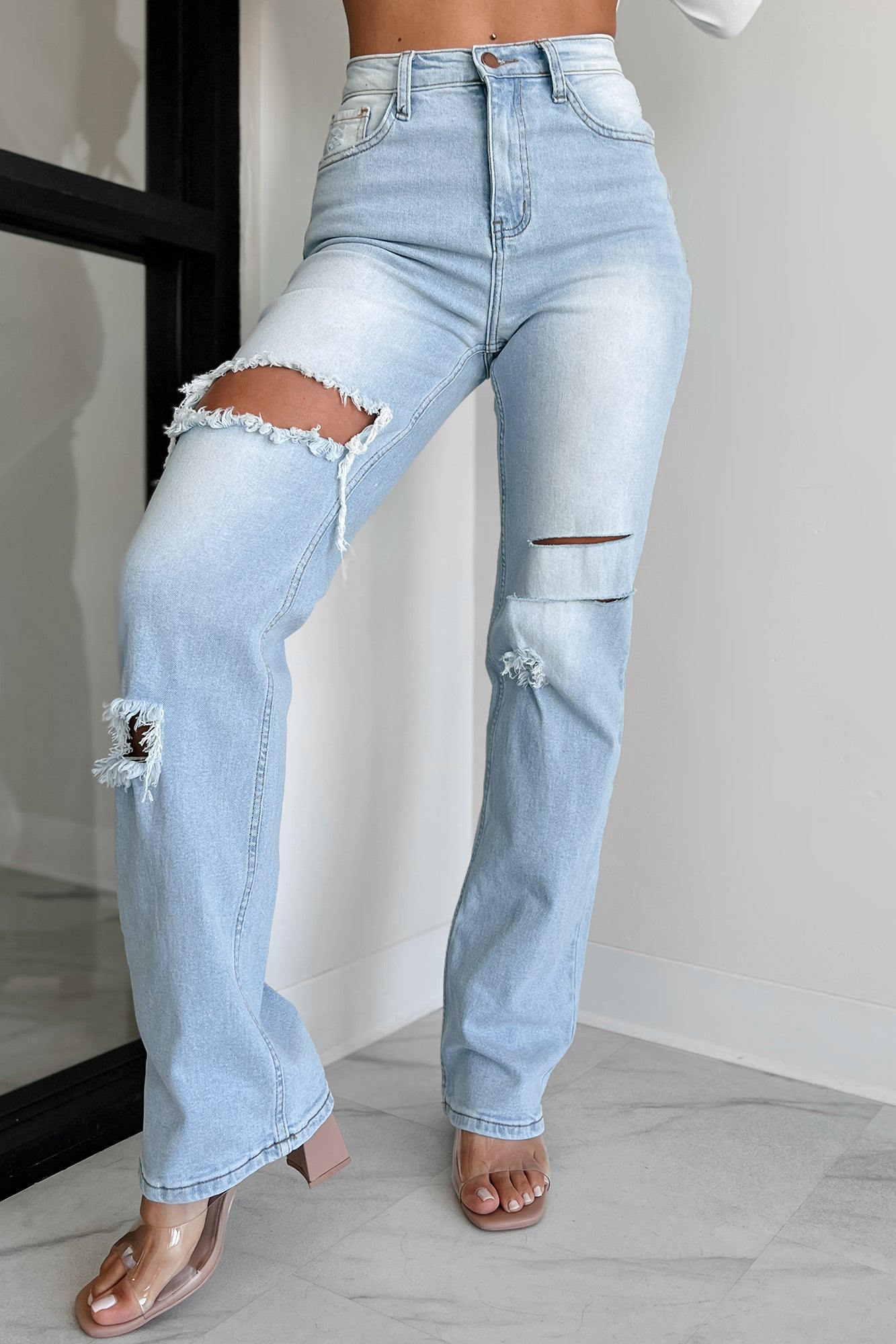 Shesways®Only Good Days High Rise Distressed Wide Leg Jeans (Light)