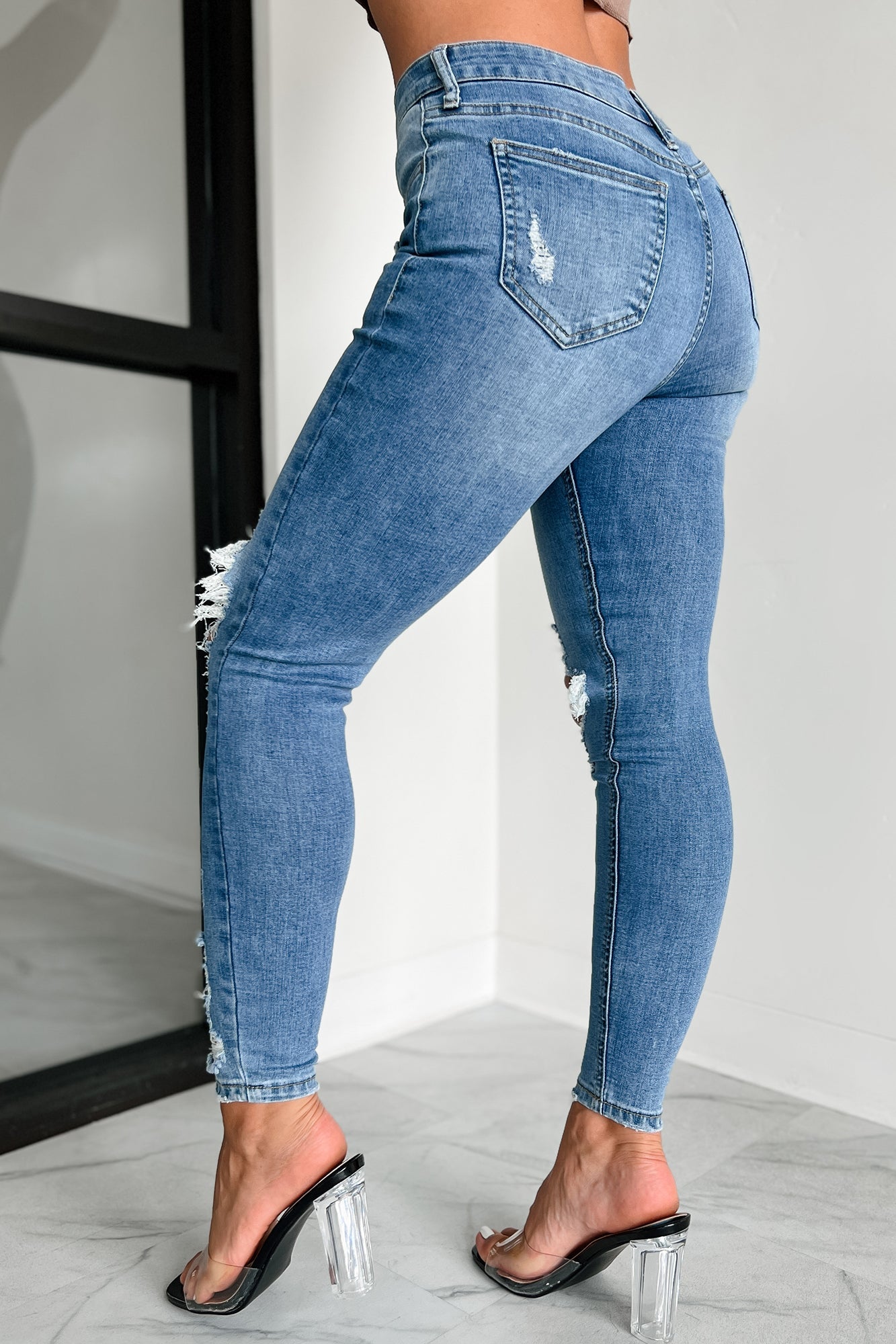 Shesways®Denver Mid-Rise Distressed Skinny Jeans (Medium Denim)