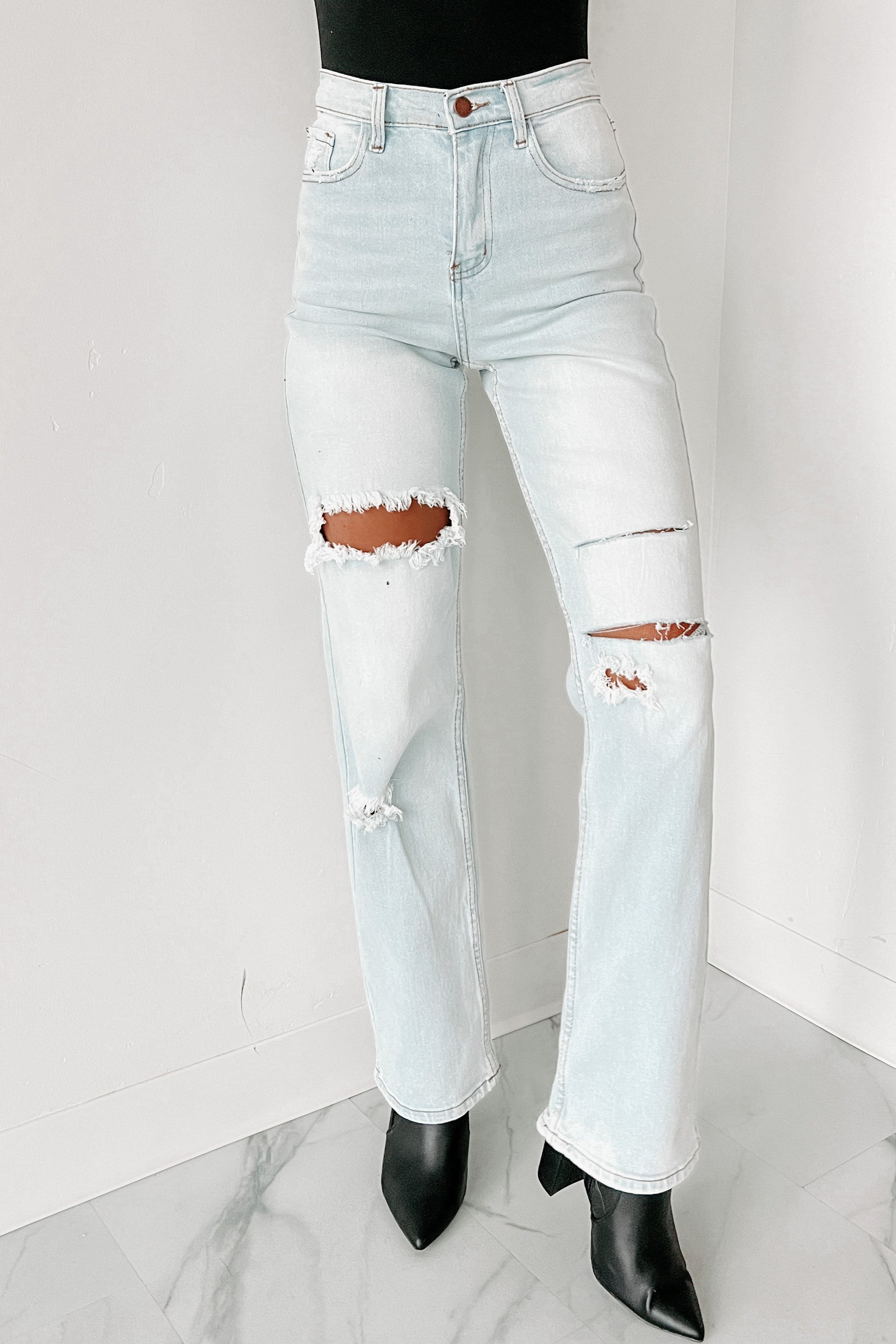 Shesways®Only Good Days High Rise Distressed Wide Leg Jeans (Light)