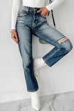 Shesways®Into It Distressed High Rise 90s Straight Leg Jeans (Medium Dark)