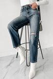 Shesways®Into It Distressed High Rise 90s Straight Leg Jeans (Medium Dark)