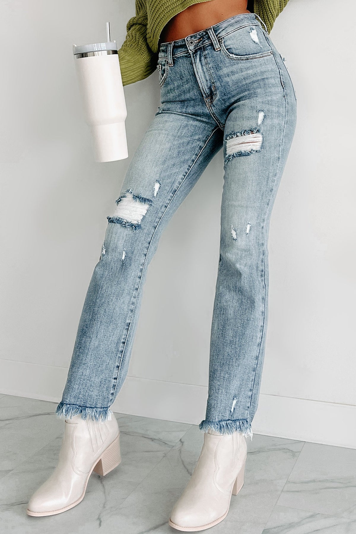 Shesways®Figuring You Out High Rise Distressed Risen Flare Jeans (Light)