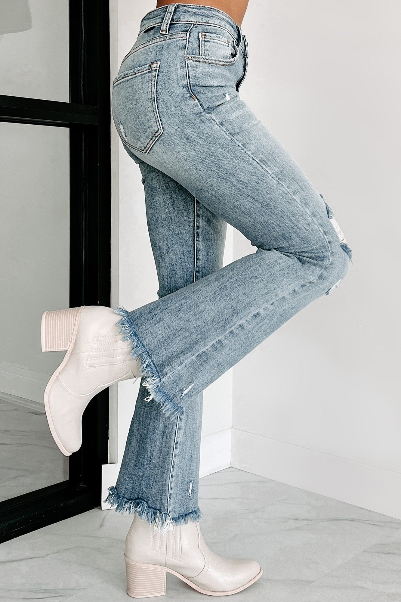 Shesways®Figuring You Out High Rise Distressed Risen Flare Jeans (Light)