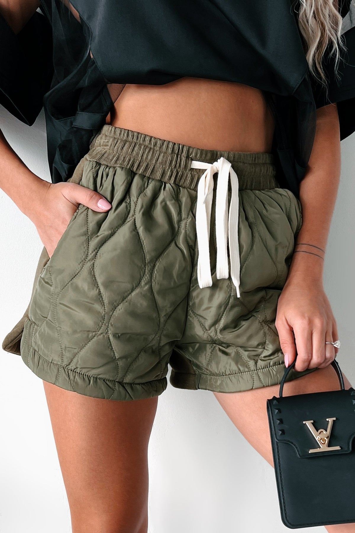 Shesways®Paving The Way Multi Fabric Quilted Shorts (Olive)