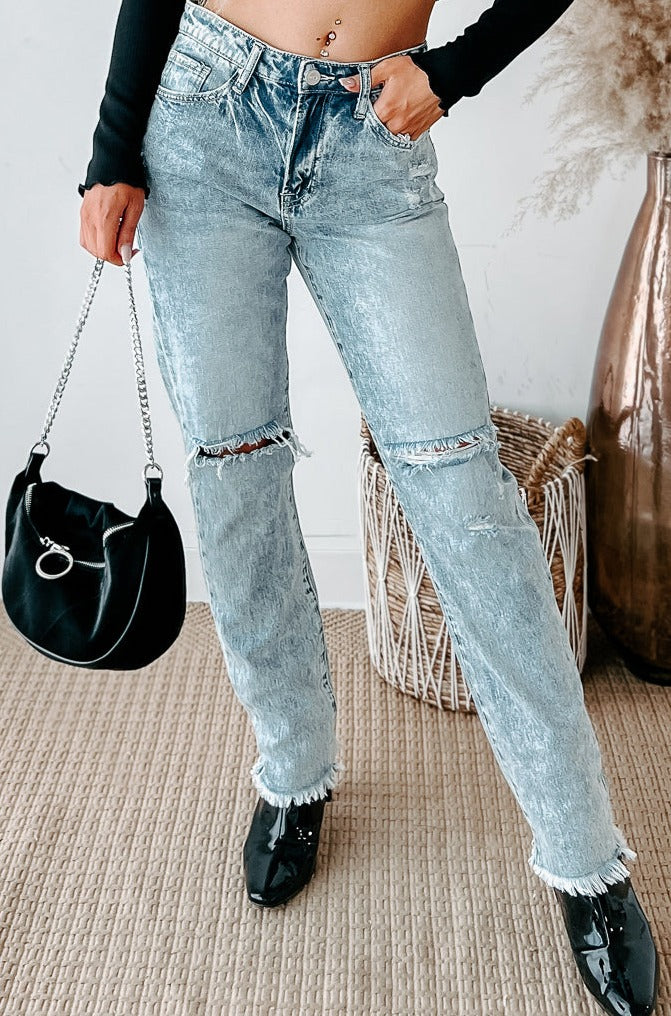 Shesways®Phaedra High Rise Distressed Straight Leg Jeans (Light)