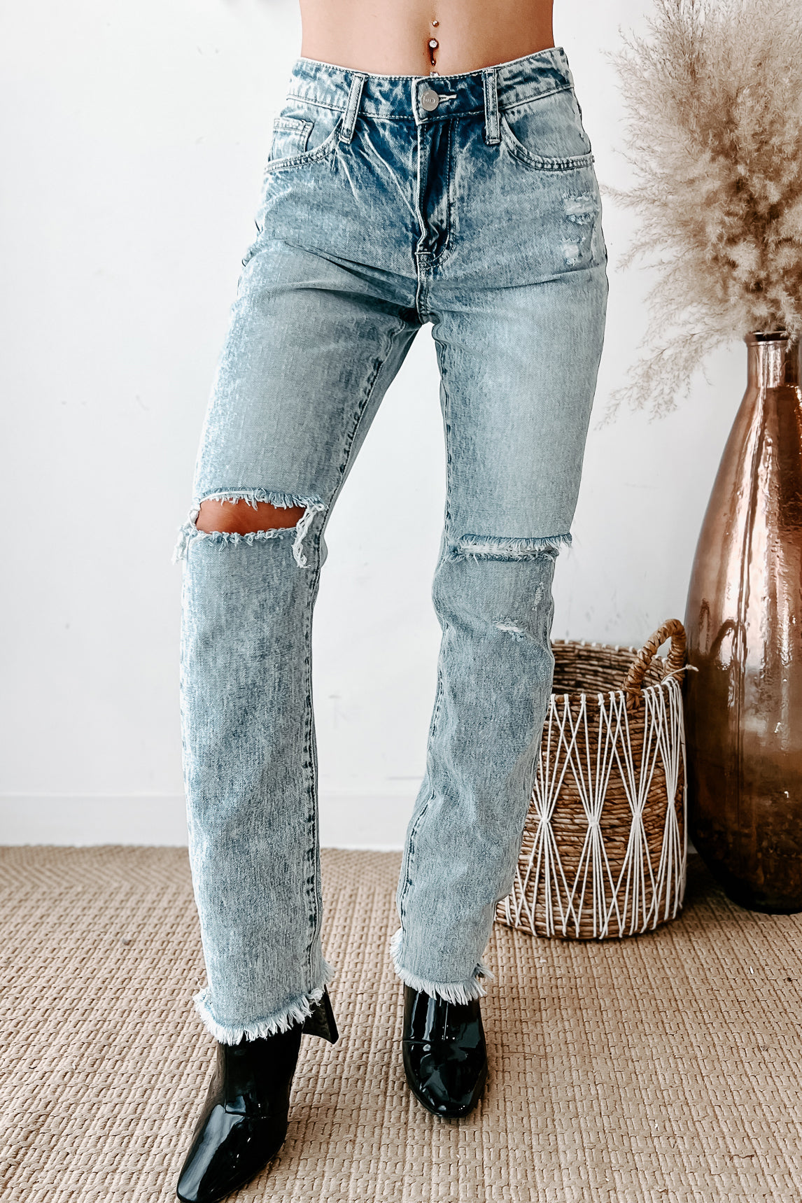 Shesways®Phaedra High Rise Distressed Straight Leg Jeans (Light)