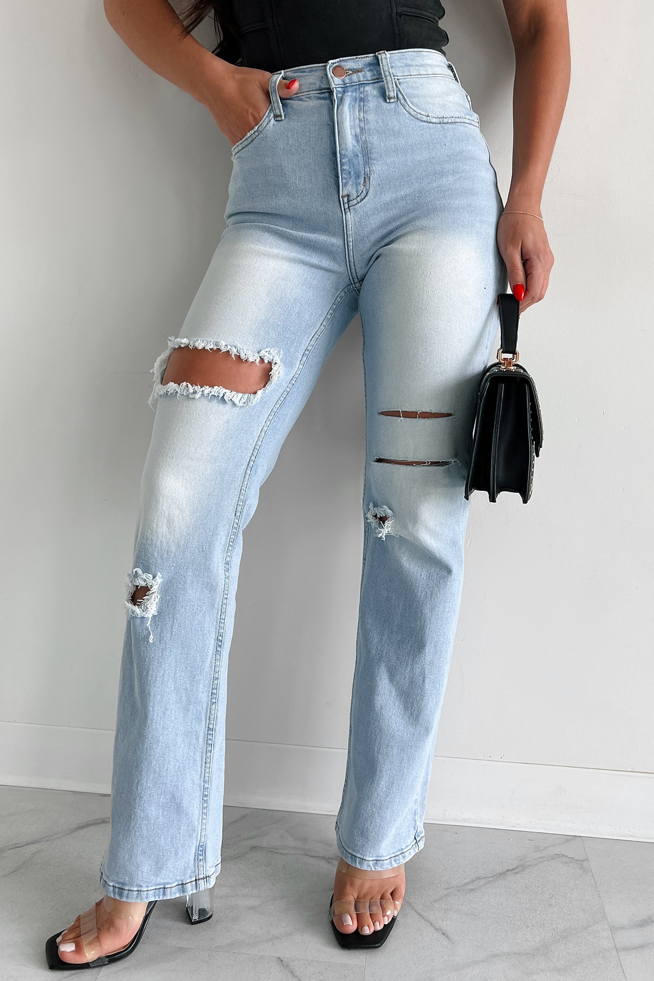 Shesways®Only Good Days High Rise Distressed Wide Leg Jeans (Light)