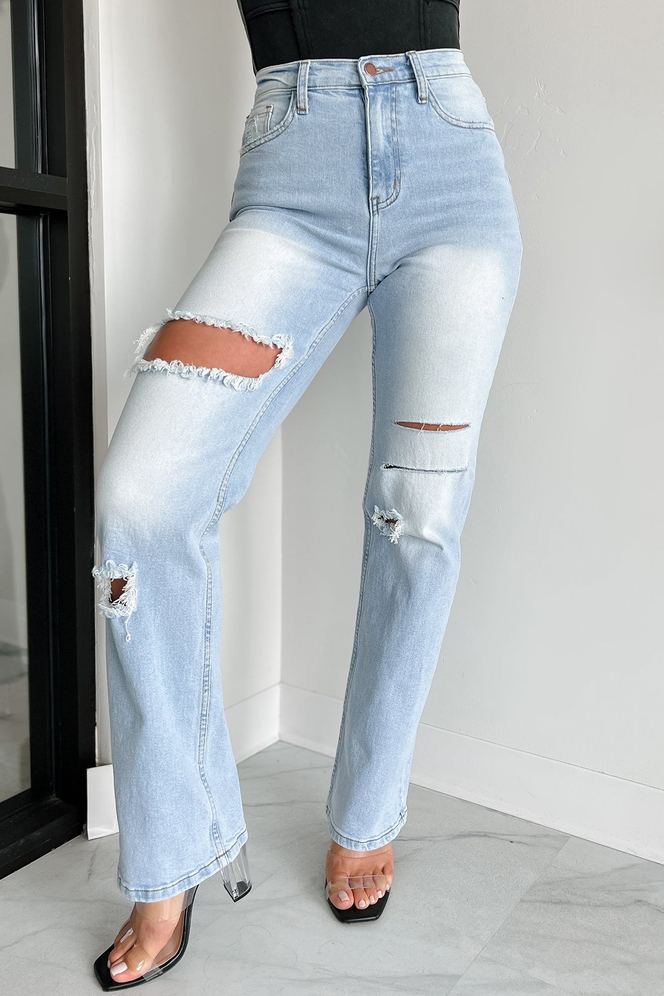 Shesways®Only Good Days High Rise Distressed Wide Leg Jeans (Light)