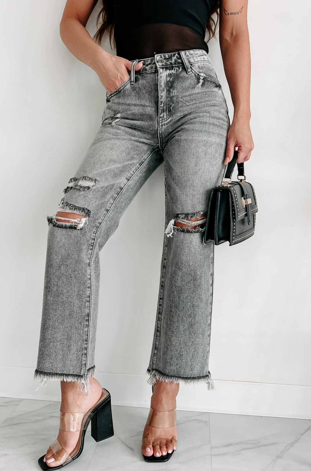 Shesways®What A Rush High Rise Distressed Special A Mom Jeans (Grey)