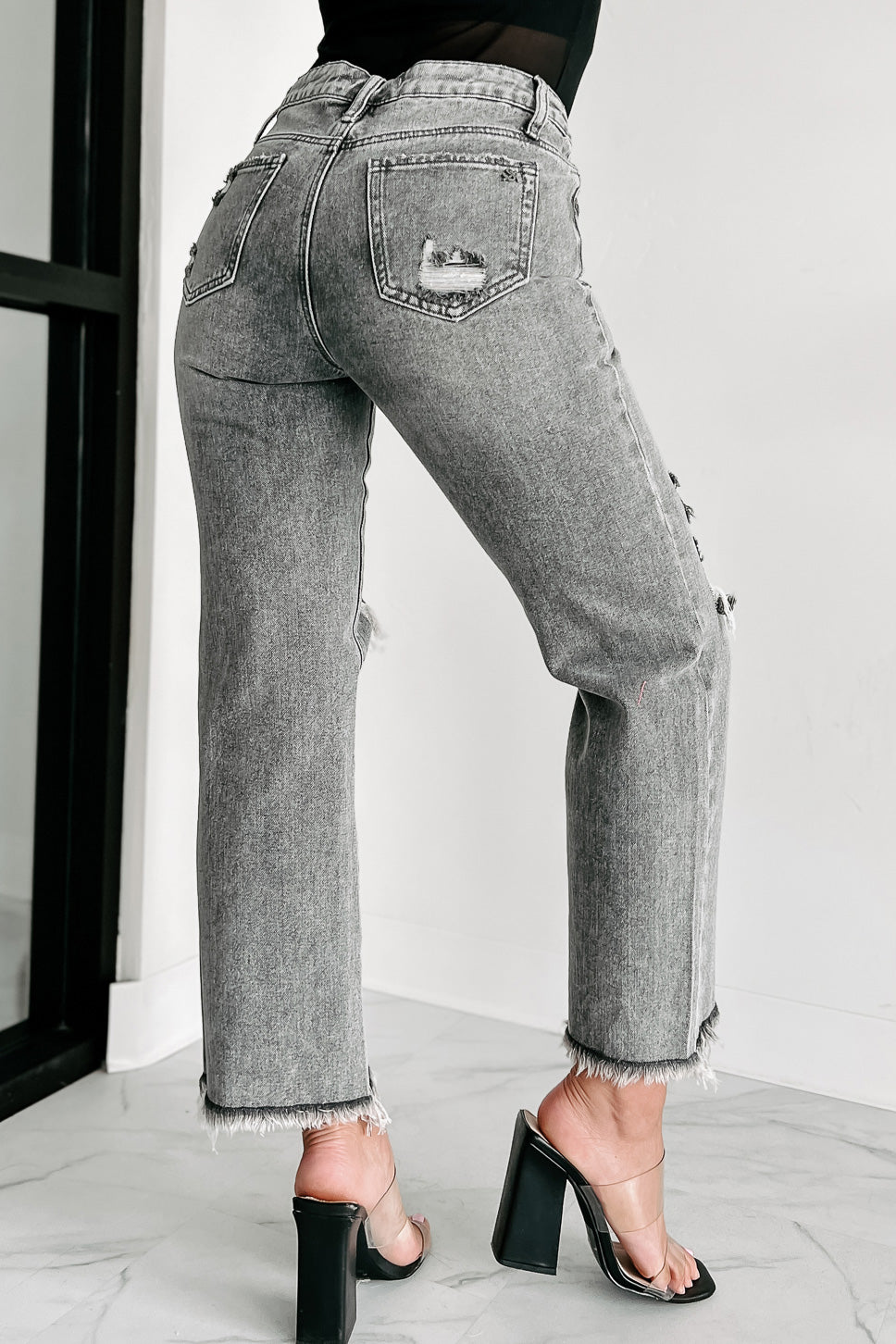 Shesways®What A Rush High Rise Distressed Special A Mom Jeans (Grey)