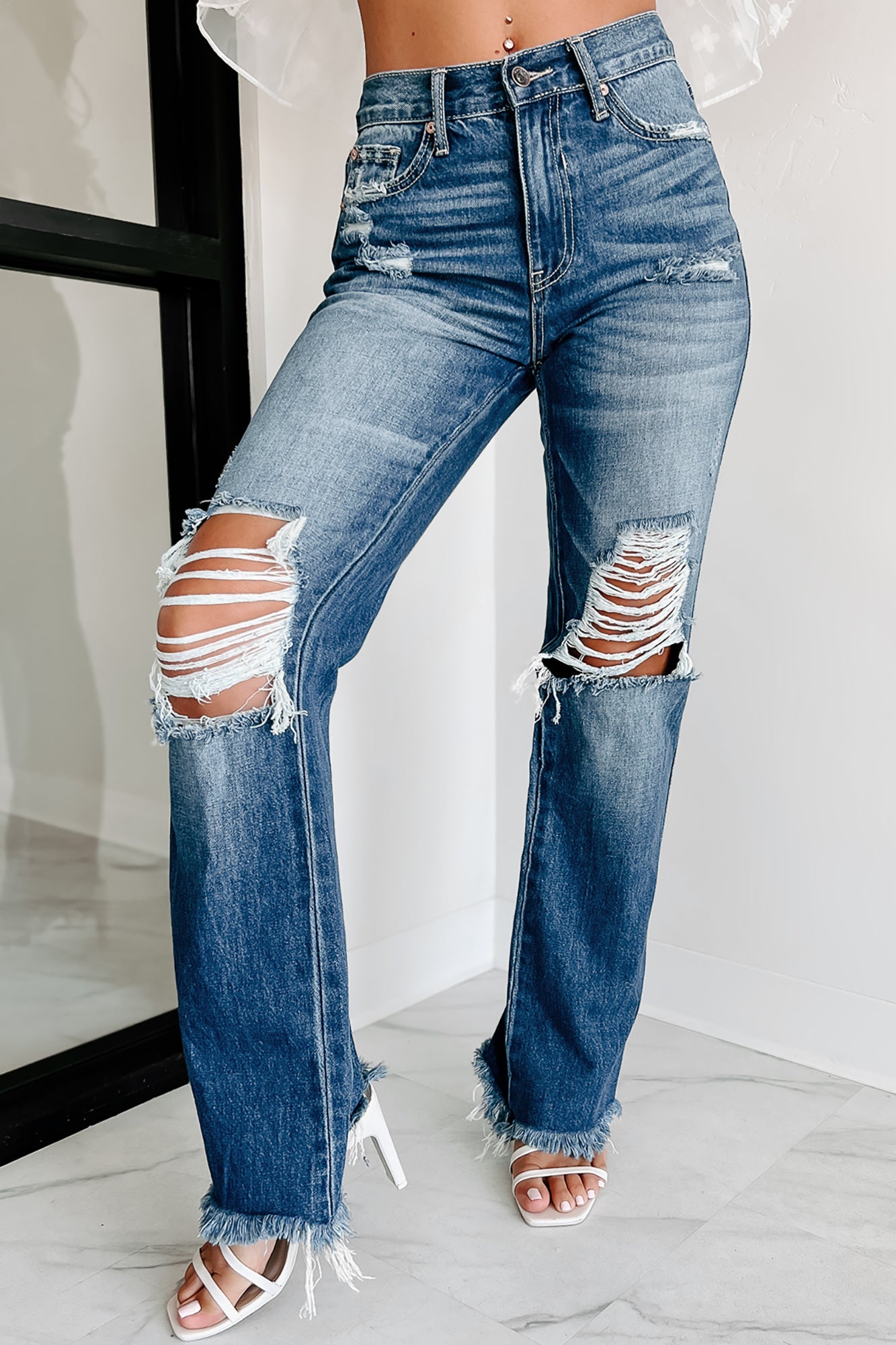 Shesways®Genevieve High Rise Distressed Straight Leg Jeans (Medium)