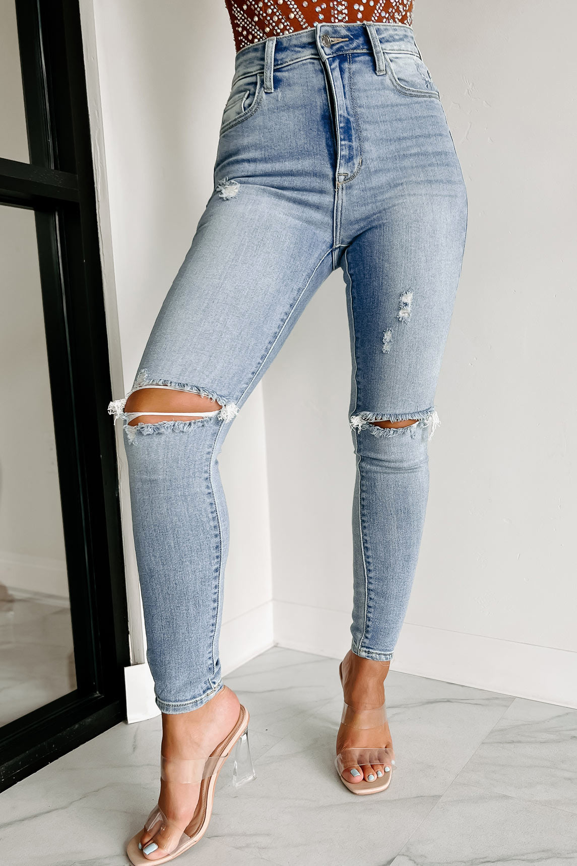 Shesways®Say It Louder High Rise Distressed Cello Skinny Jeans (Light Denim)