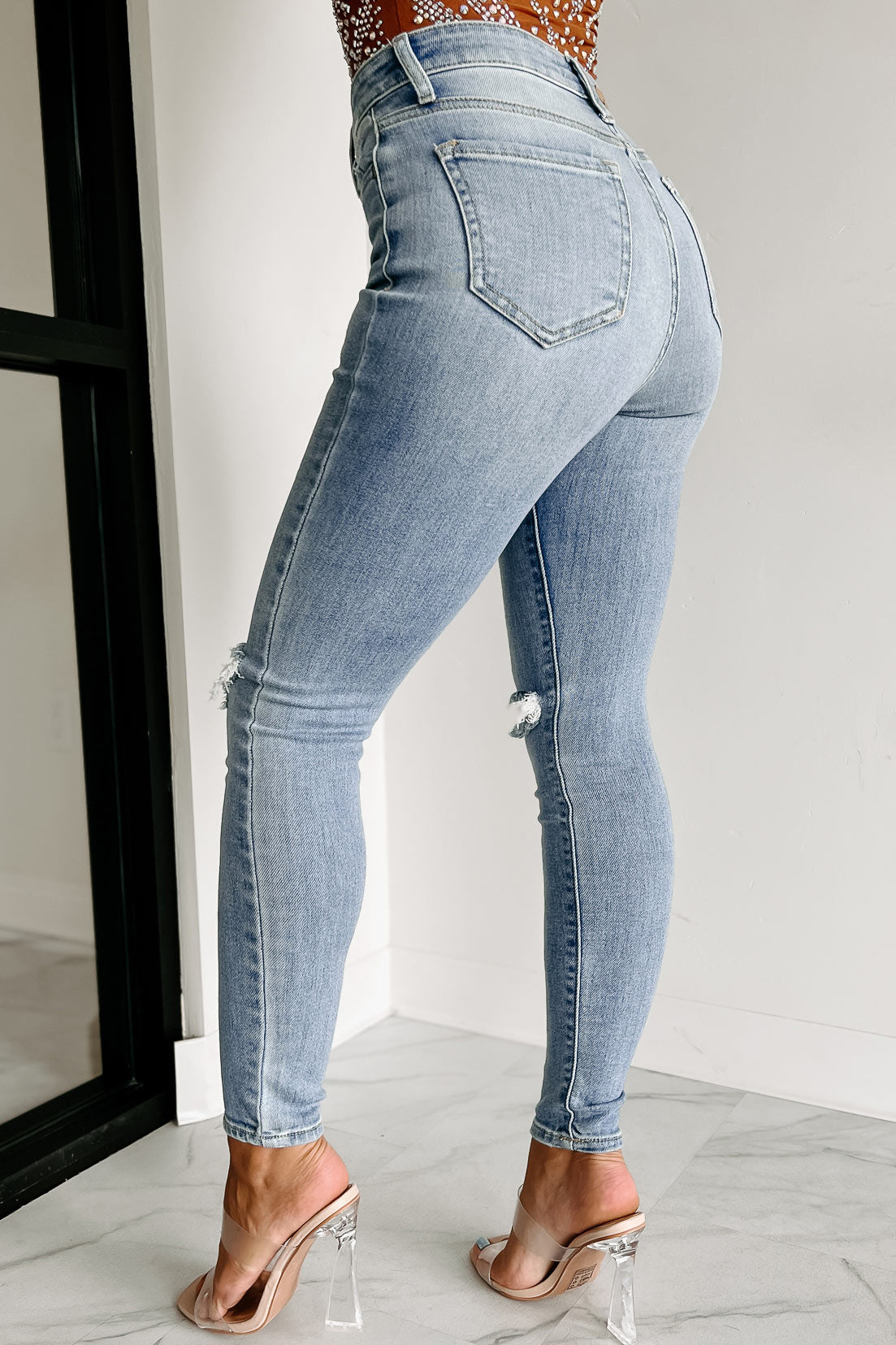 Shesways®Say It Louder High Rise Distressed Cello Skinny Jeans (Light Denim)