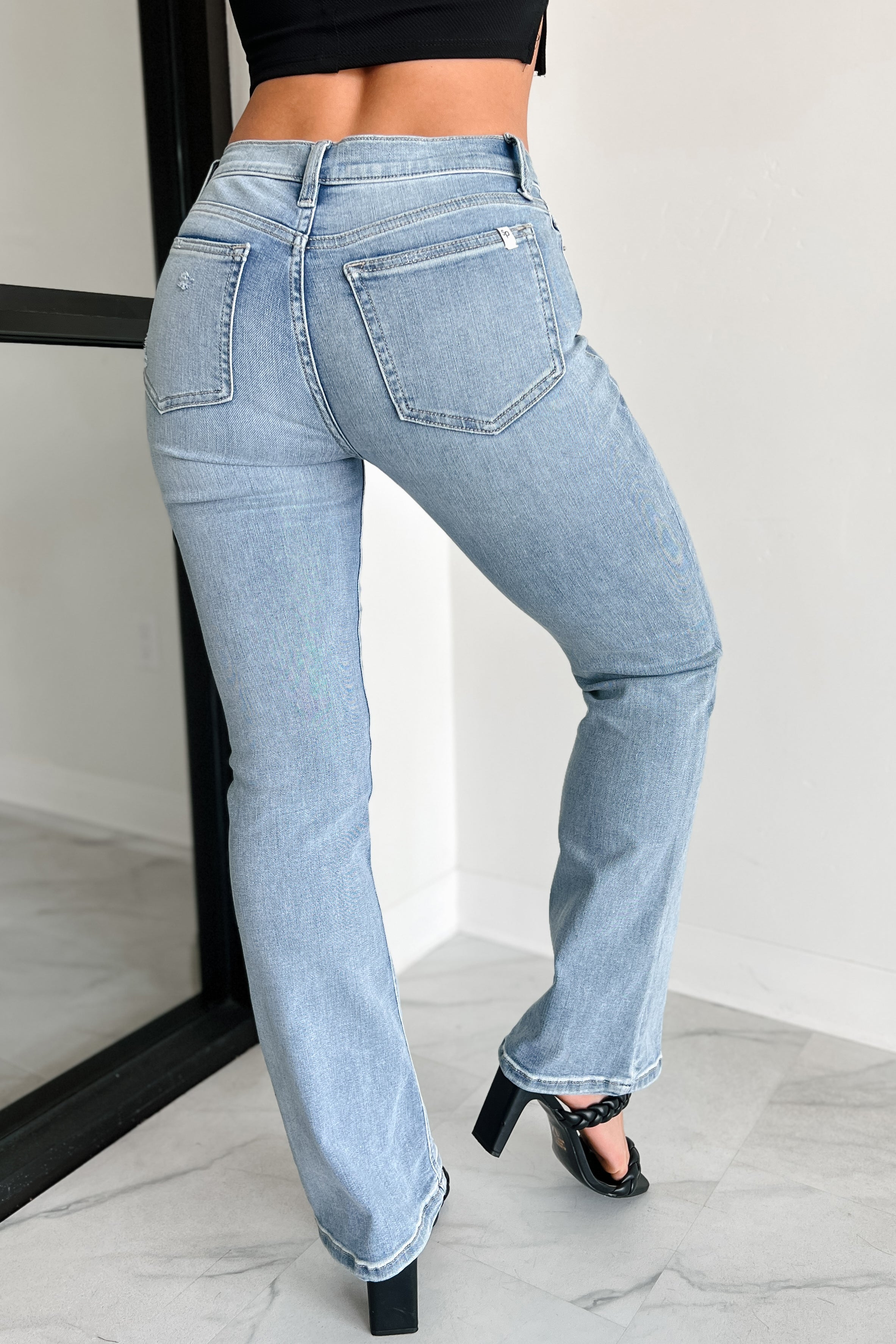 Shesways®Cressida Mid-Rise Sneak Peek Bootcut Jeans (Light Wash)