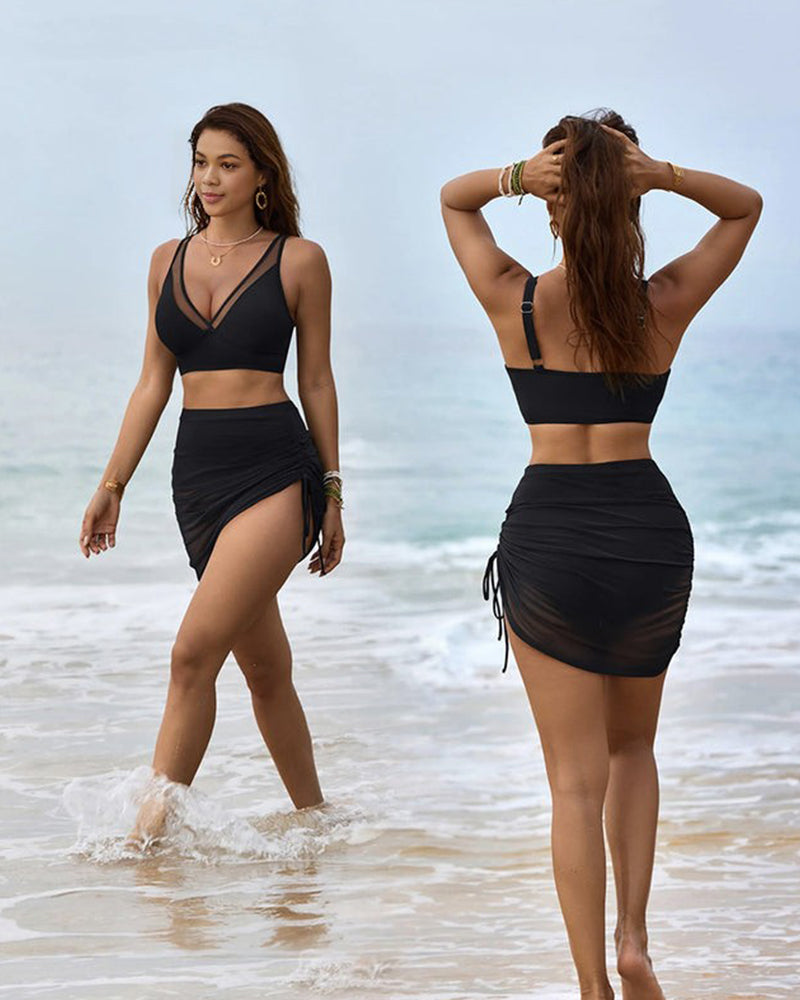 Shesways® Mesh High Waisted Tummy Control Sarong Wraps Bikini Set