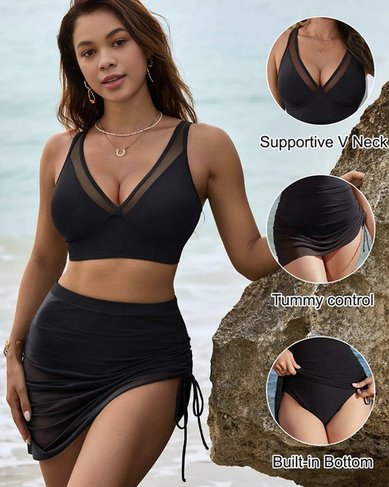 Shesways® Mesh High Waisted Tummy Control Sarong Wraps Bikini Set