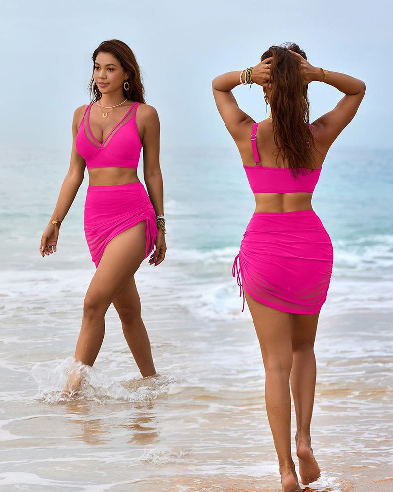 Shesways® Mesh High Waisted Tummy Control Sarong Wraps Bikini Set