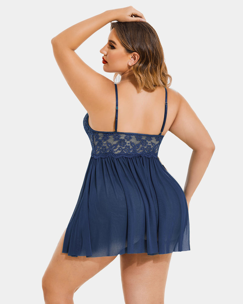 Plus Size V Neck Mesh Side Slit Babydolls