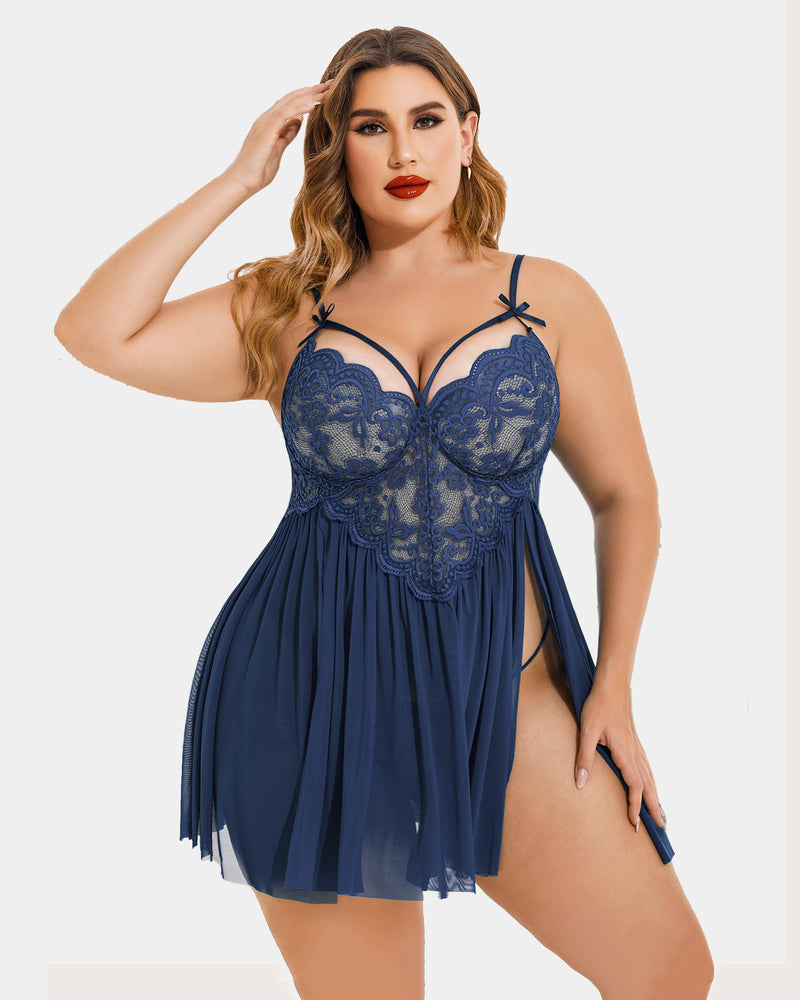 Plus Size V Neck Mesh Side Slit Babydolls