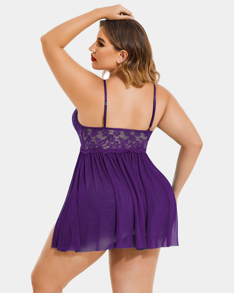 Plus Size V Neck Mesh Side Slit Babydolls