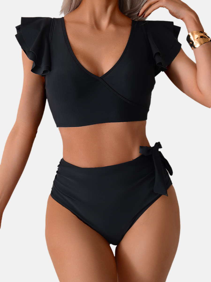 Shesways® Ruffled Sleeve Tie Tummy Control Bikini Set