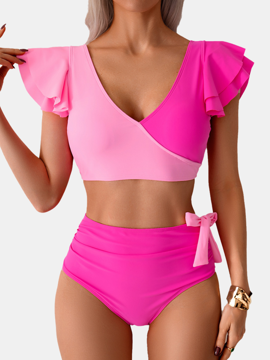 Shesways® Ruffled Sleeve Tie Tummy Control Bikini Set