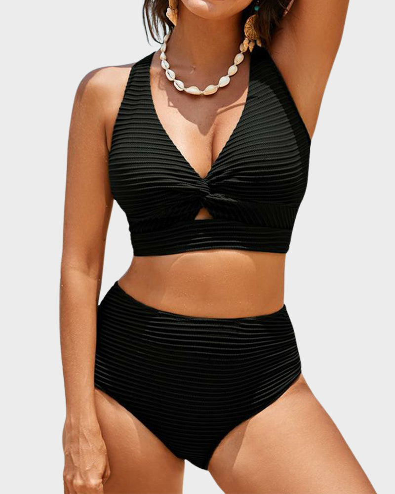 Shesways® Textured Knot-Front High-Waisted Bikini Set