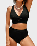Shesways® Textured Knot-Front High-Waisted Bikini Set