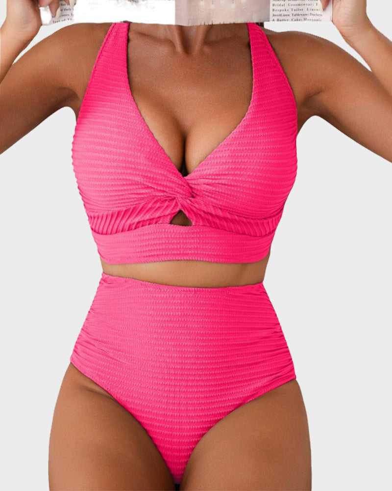 Shesways® Textured Knot-Front High-Waisted Bikini Set