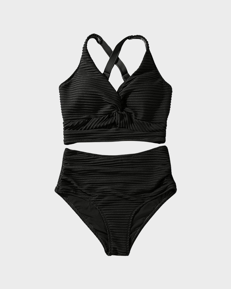 Shesways® Textured Knot-Front High-Waisted Bikini Set