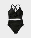 Shesways® Textured Knot-Front High-Waisted Bikini Set