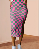 Shesways® Checkered Bodycon Midi Skirt with Side Slit