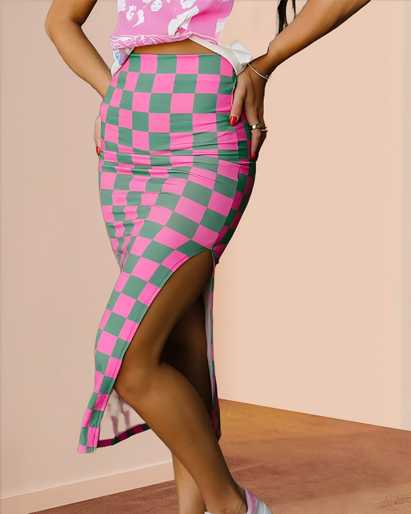 Shesways® Checkered Bodycon Midi Skirt with Side Slit