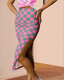 Shesways® Checkered Bodycon Midi Skirt with Side Slit
