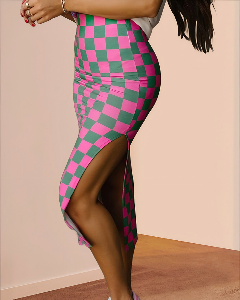 Shesways® Checkered Bodycon Midi Skirt with Side Slit